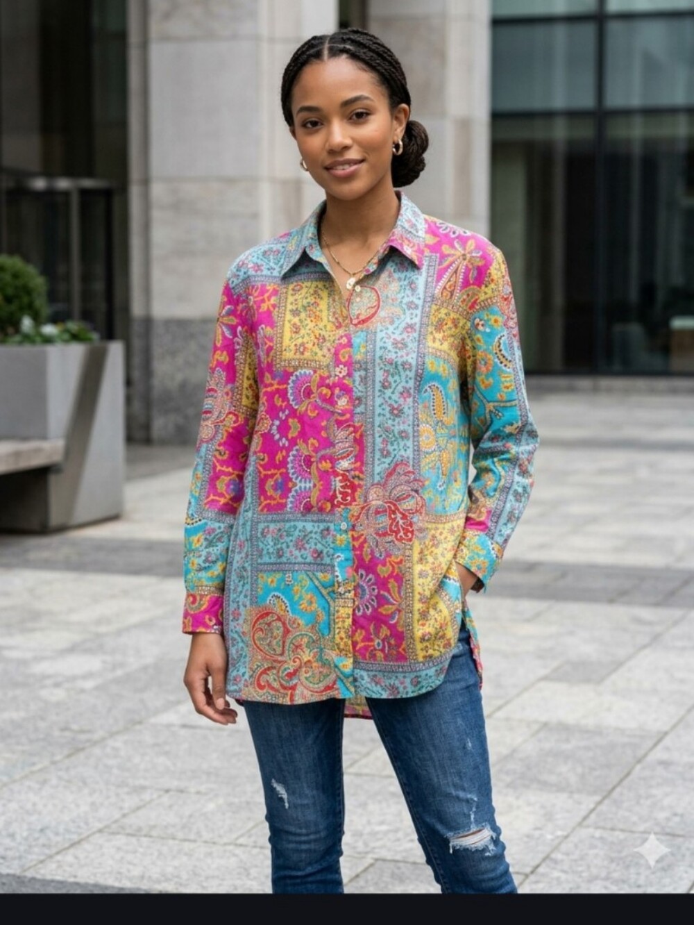 Patchwork Paisley Button-Up Shirt in Pink & Turquoise
